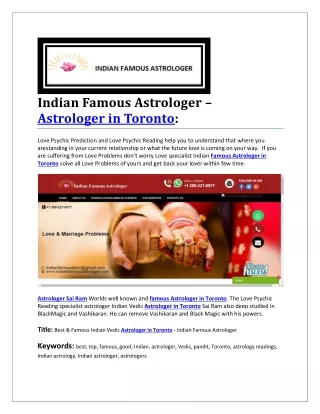 Indian Famous Astrologer – Astrologer in Toronto: