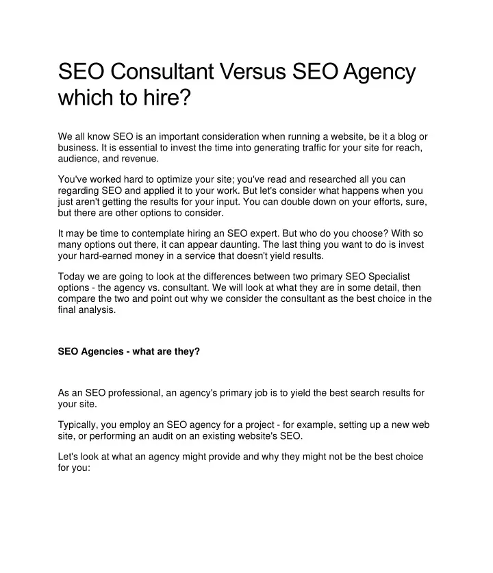 seo consultant versus seo agency which to hire