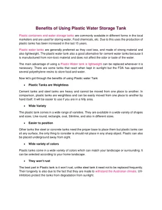 Benefits of Using Plastic Water Storage Tank