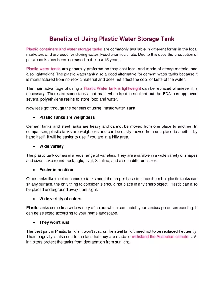 benefits of using plastic water storage tank