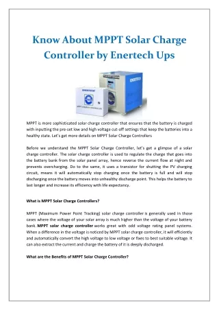 Know About MPPT Solar Charge Controller by Enertech Ups
