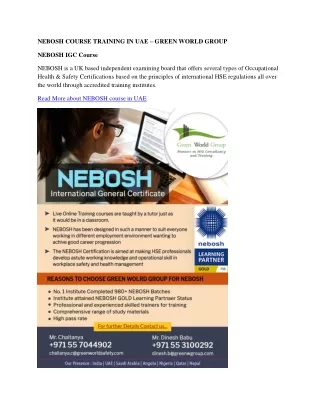 NEBOSH COURSE TRAINING IN UAE – GREEN WORLD GROUP