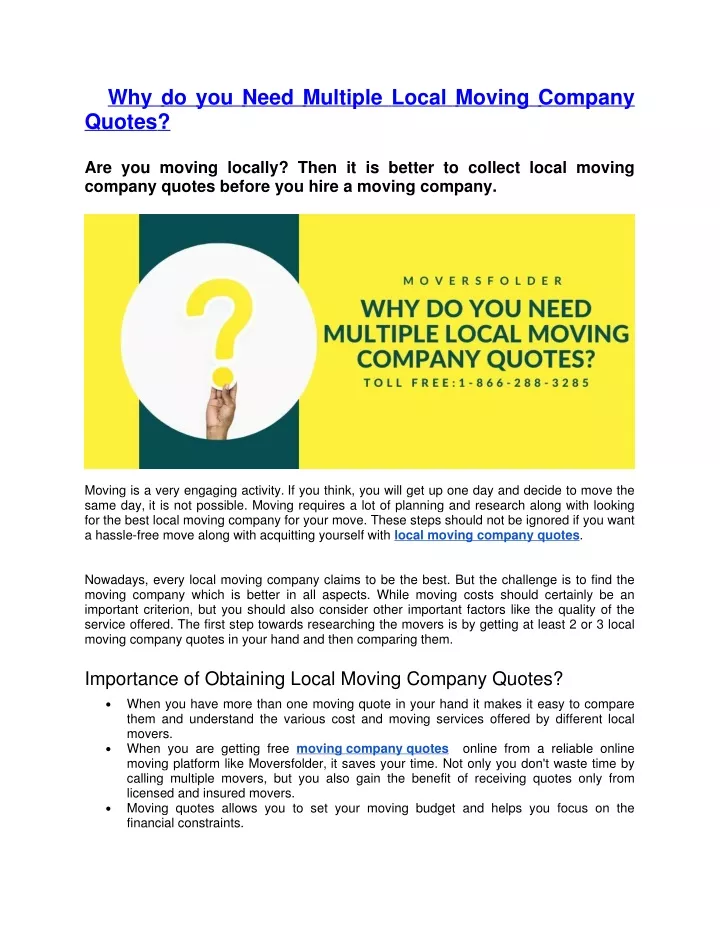 why do you need multiple local moving company