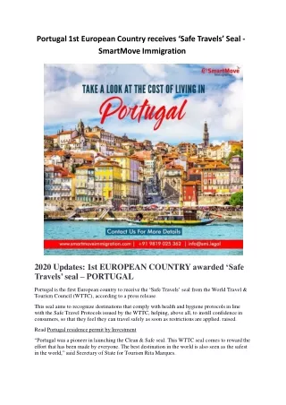 Portugal 1st European Country receives ‘Safe Travels’ Seal - SmartMove Immigration