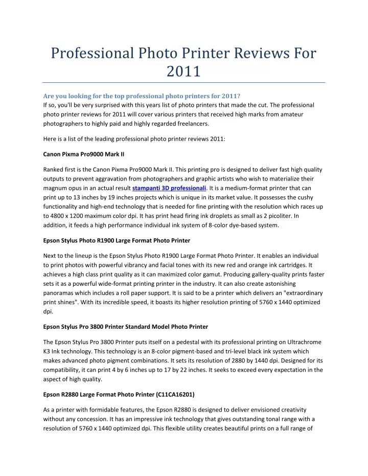 professional photo printer reviews for 2011