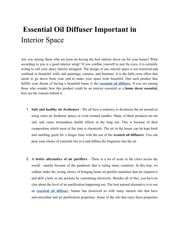 essential oil diffuser important in interior space
