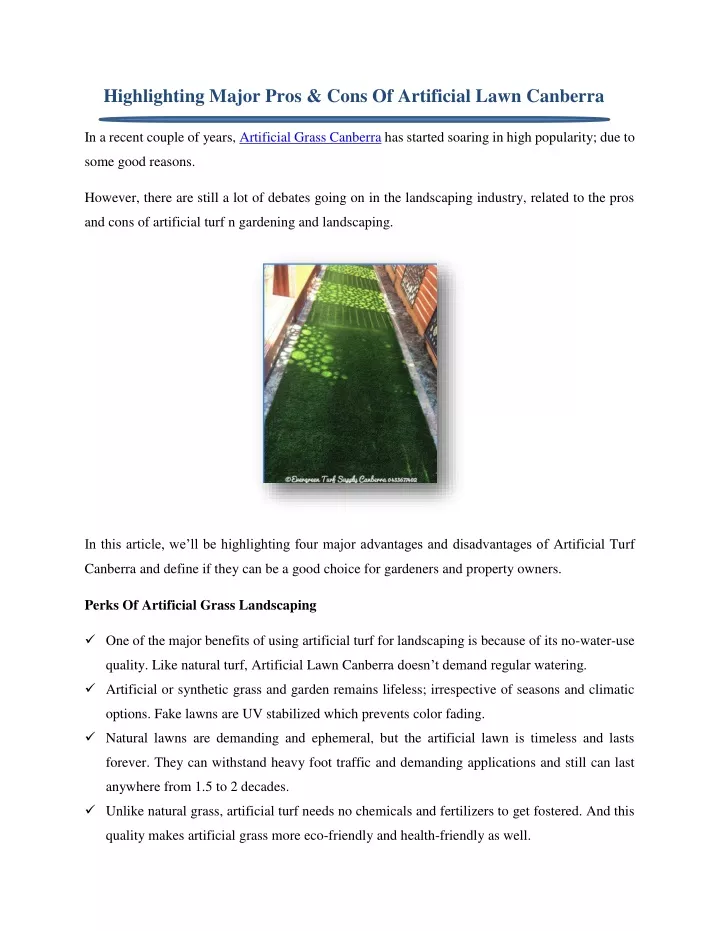 highlighting major pros cons of artificial lawn