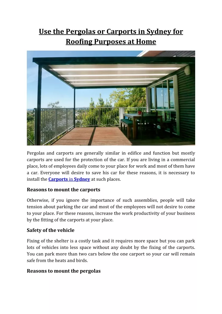 use the pergolas or carports in sydney