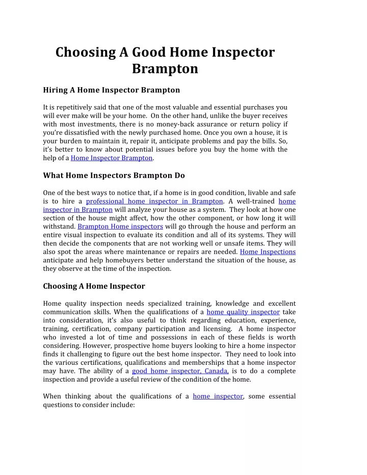 choosing a good home inspector brampton
