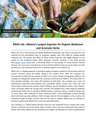 BIDAJ Ltd.: Albania’s Largest Exporter for Organic Medicinal and Aromatic Herbs