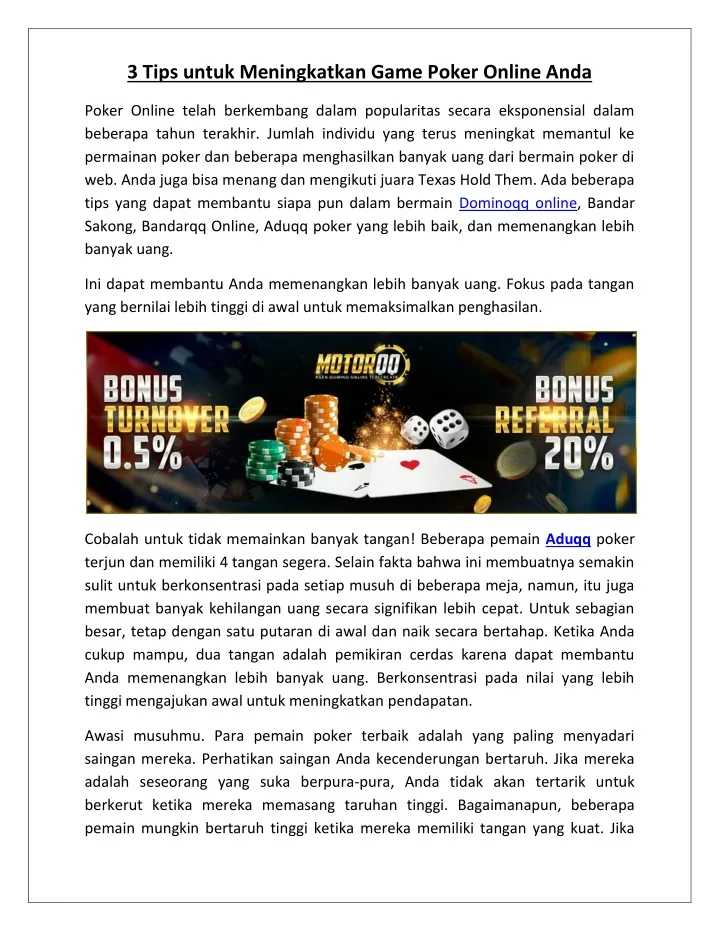 3 tips untuk meningkatkan game poker online anda