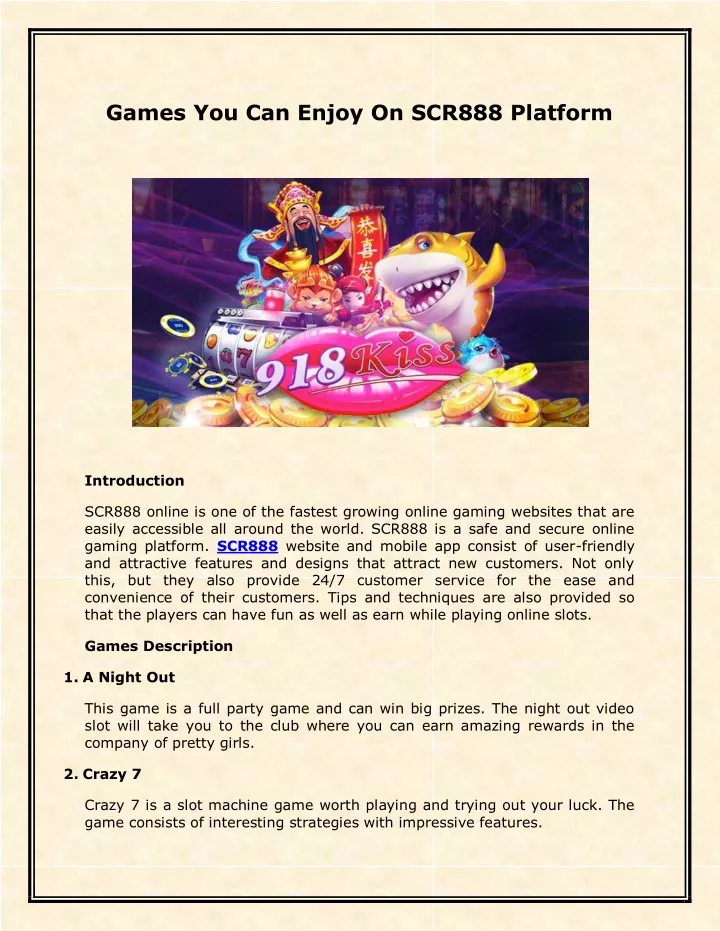 games you can enjoy on scr888 platform