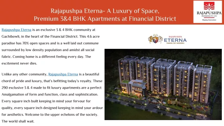 rajapushpa eterna a luxury of space premium 3 4 bhk apartments at financial district