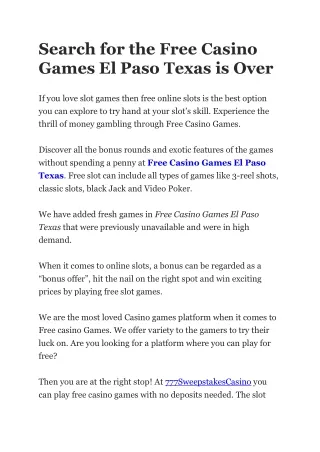 Search for the Free Casino Games El Paso Texas is Over