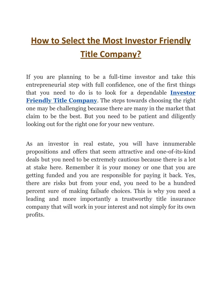how to select the most investor friendly title