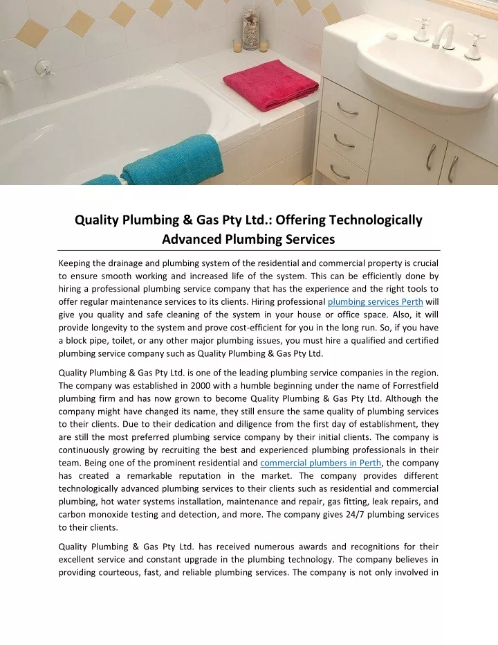 quality plumbing gas pty ltd offering