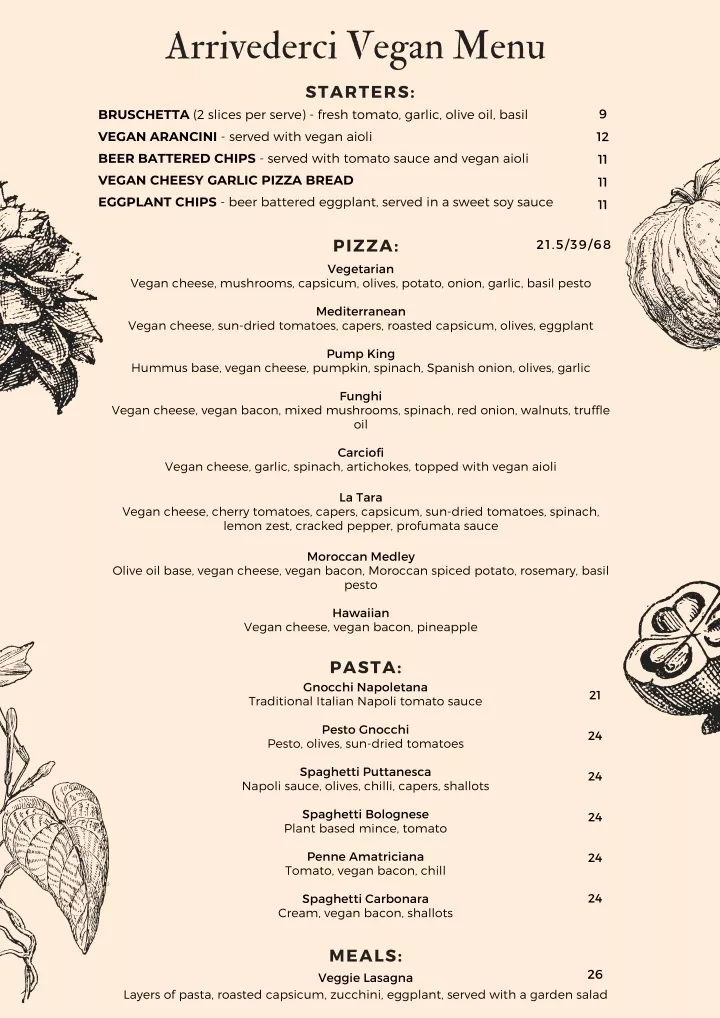 arrivederci vegan menu