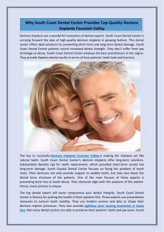 Why South Coast Dental Center Provides Top-Quality Denture Implants Fountain Valley