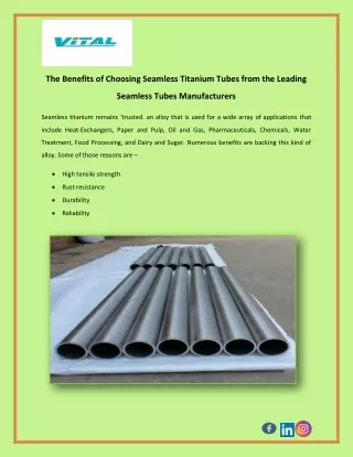 The Benefits of Choosing Seamless Titanium Tubes from the Leading Seamless Tubes Manufacturers