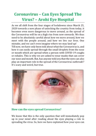 Coronavirus – Can Eyes Spread The Virus? - Arohi Eye Hospital