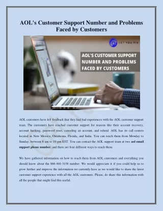 AOL’S CUSTOMER SUPPORT NUMBER AND PROBLEMS FACED BY CUSTOMERS