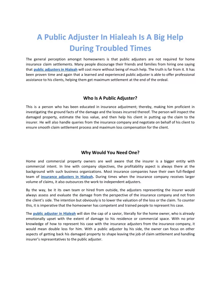 a public adjuster in hialeah is a big help during