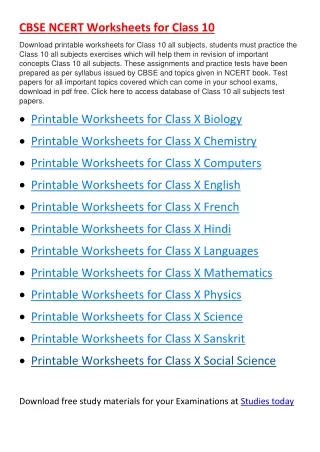 cbse ncert worksheets for class 10