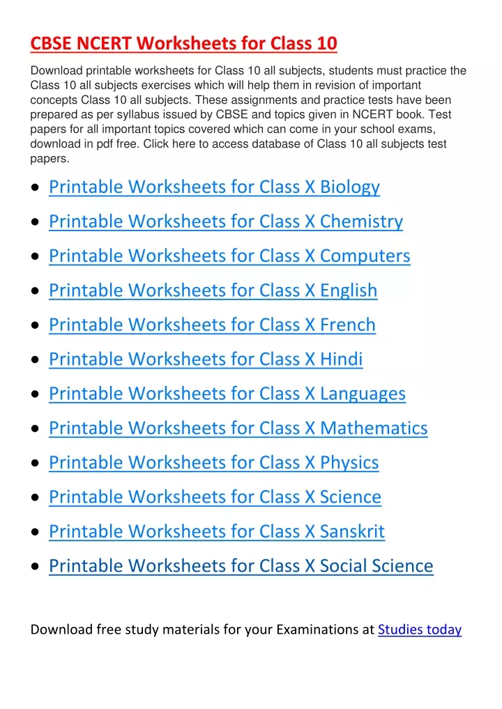 cbse ncert worksheets for class 10