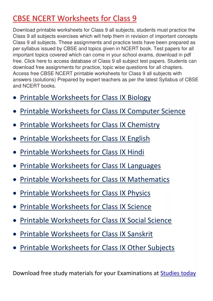 cbse ncert worksheets for class 9