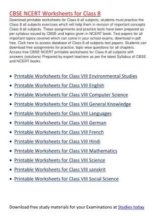 Worksheets for Class 8 all subjects