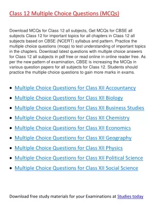 class 12 multiple choice questions mcqs