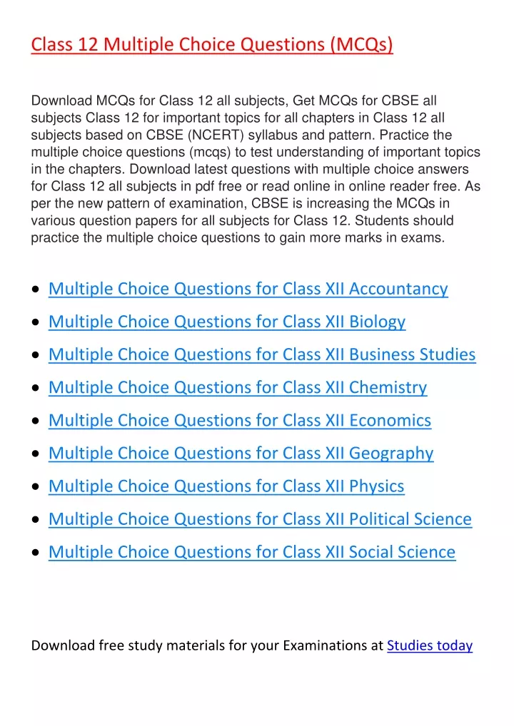 class 12 multiple choice questions mcqs