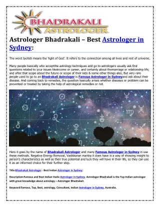 Astrologer Bhadrakali – Best Astrologer in Sydney: