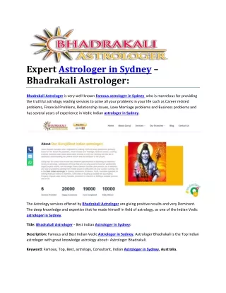 Expert Astrologer in Sydney –Bhadrakali Astrologer: