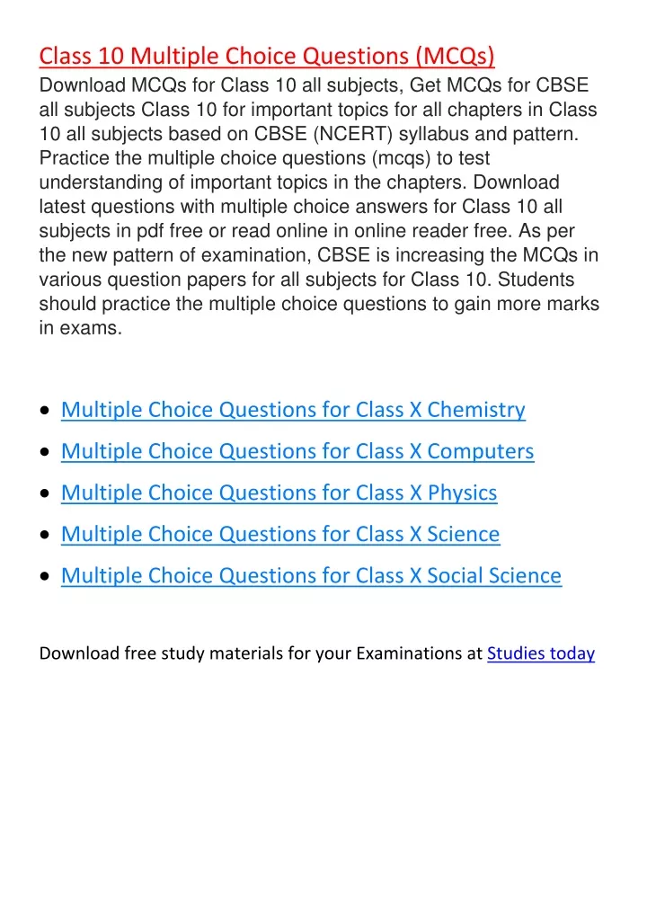 class 10 multiple choice questions mcqs download