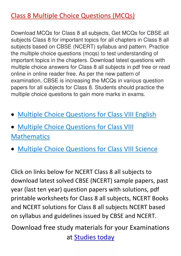 class 8 multiple choice questions mcqs