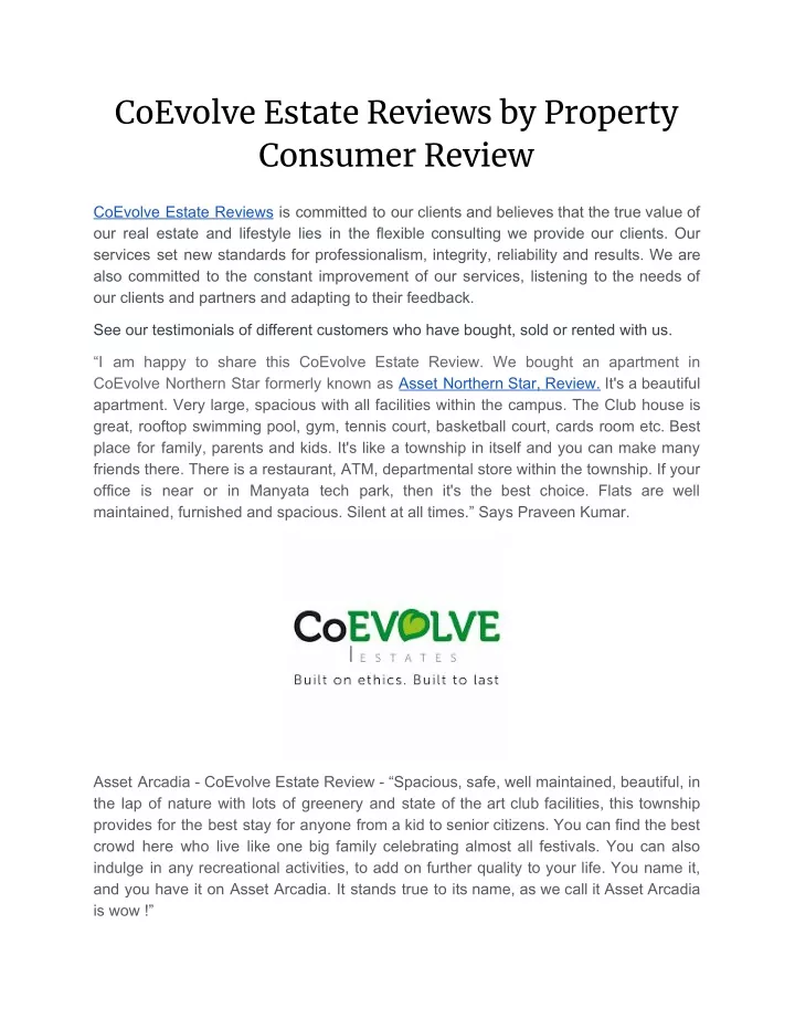 coevolve estate reviews by property consumer