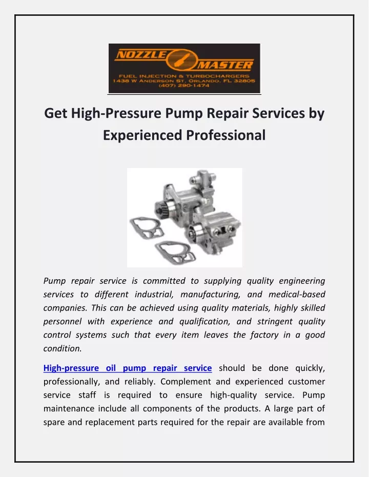 get high pressure pump repair services