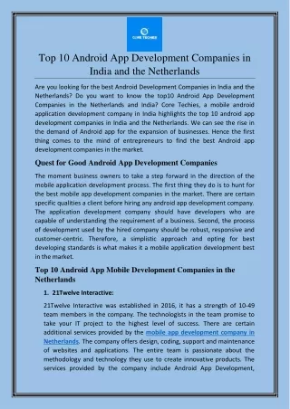 Top 10 Android App Development Companies in India and the Netherlands | Core Techies