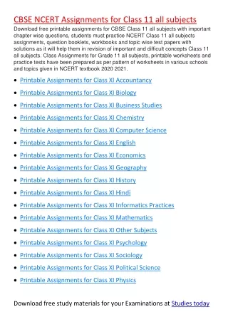 cbse ncert assignments for class 11 all subjects