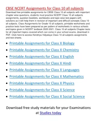 cbse ncert assignments for class 10 all subjects