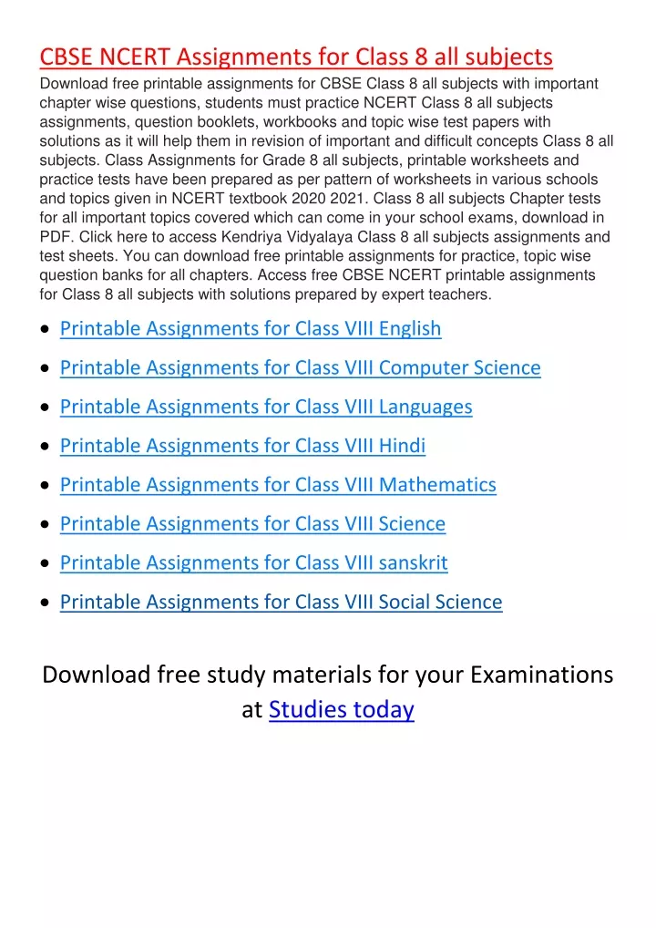 cbse ncert assignments for class 8 all subjects