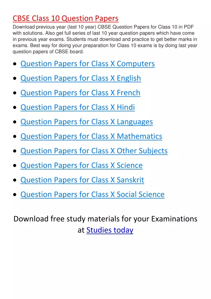 cbse class 10 question papers download previous