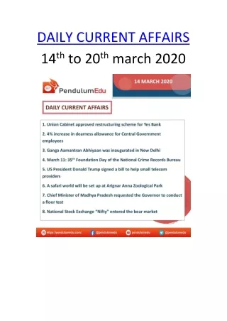 daily current affairs 14 th to 20 th march 2020