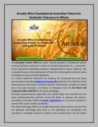 Arcadia Wins Foundational Australian Patent for Herbicide Tolerance in Wheat