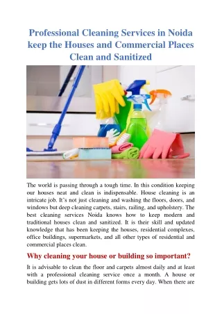 Professional Cleaning Services in Noida keep the Houses and Commercial Places Clean and Sanitized