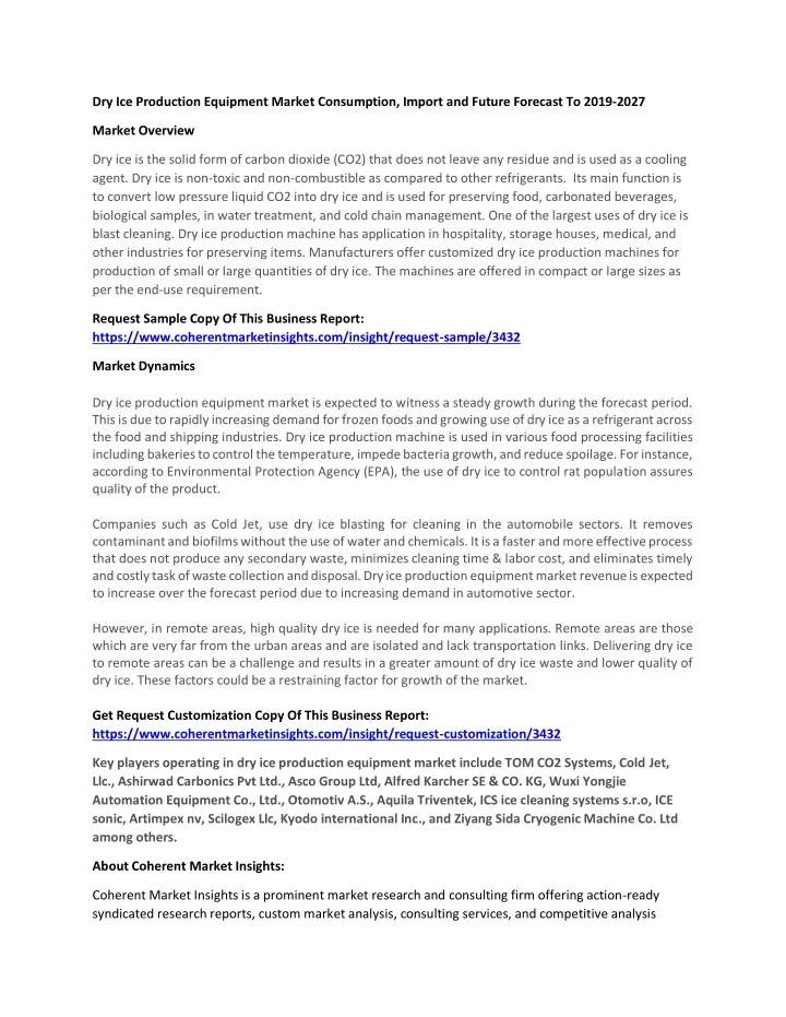 dry ice production equipment market consumption