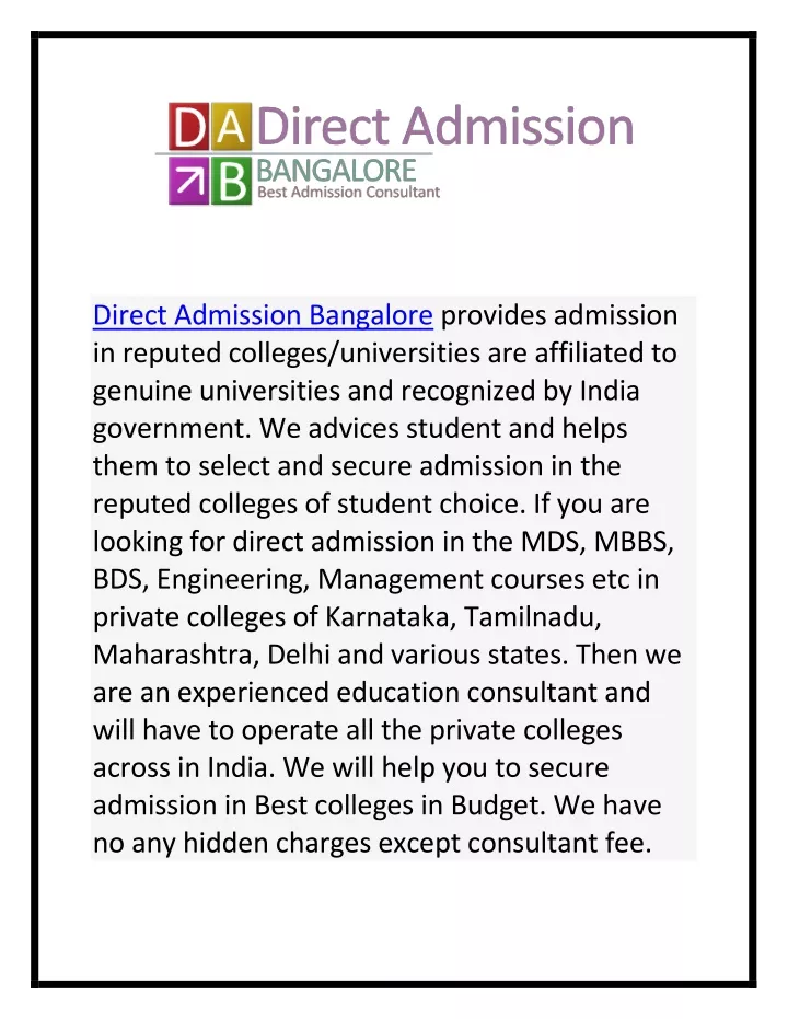 direct admission bangalore provides admission
