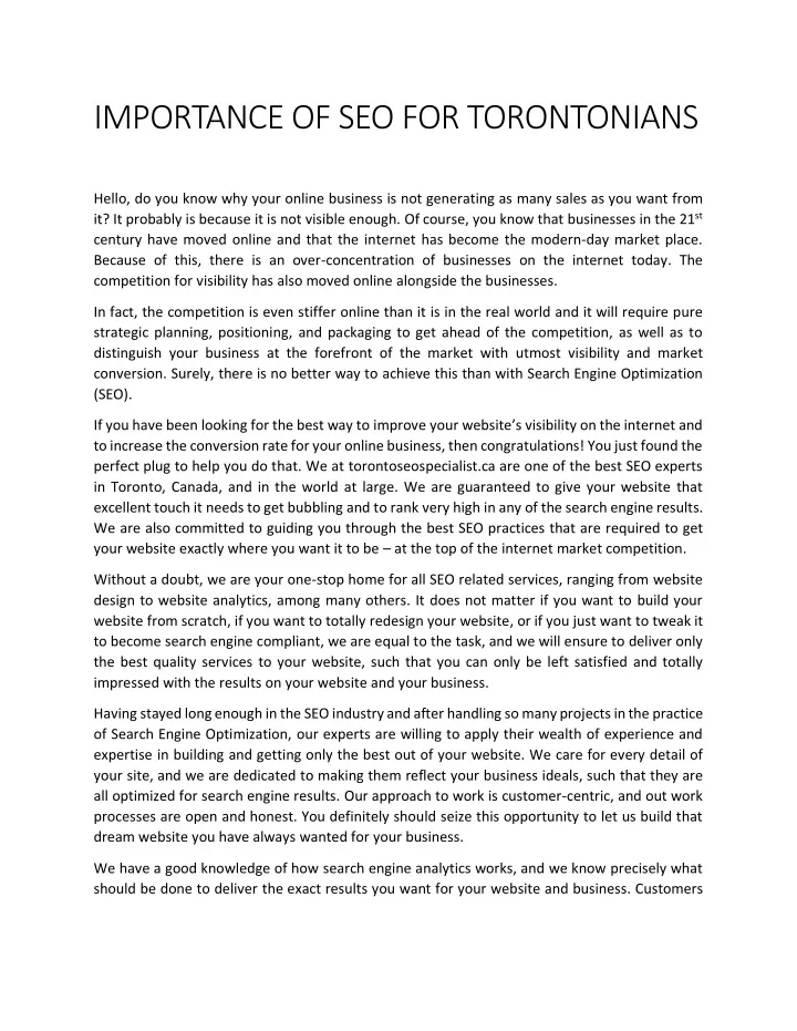 importance of seo for torontonians