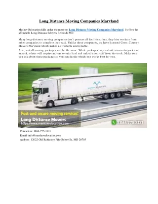 Long Distance Moving Companies Maryland